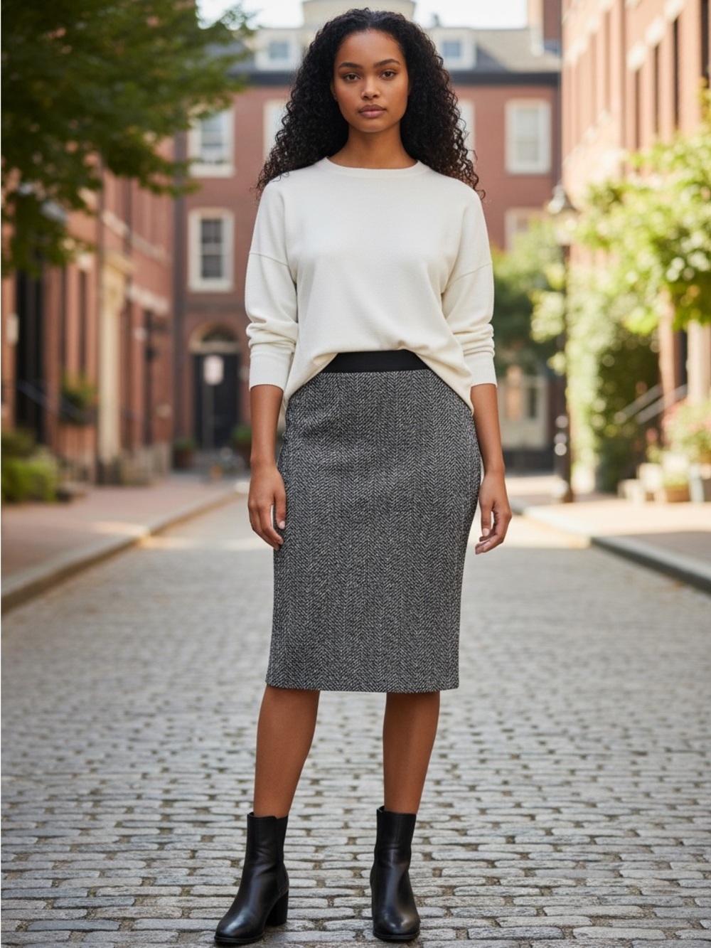 Bailey 44 Grey Herringbone Pencil Skirt Size XS Tweed Knit Elastic Waist Anthro
